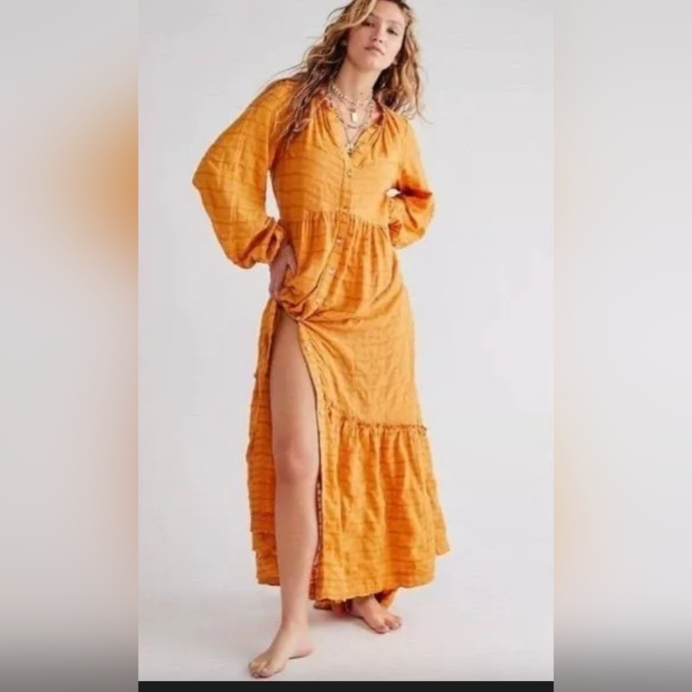 Free People Edie Window Pane Plaid Long Sleeved Maxi Dress Size Small
